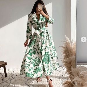 ZARA PRINTED POPLIN FLORAL DRESS COLLARED MIDI GREEN WHITE
